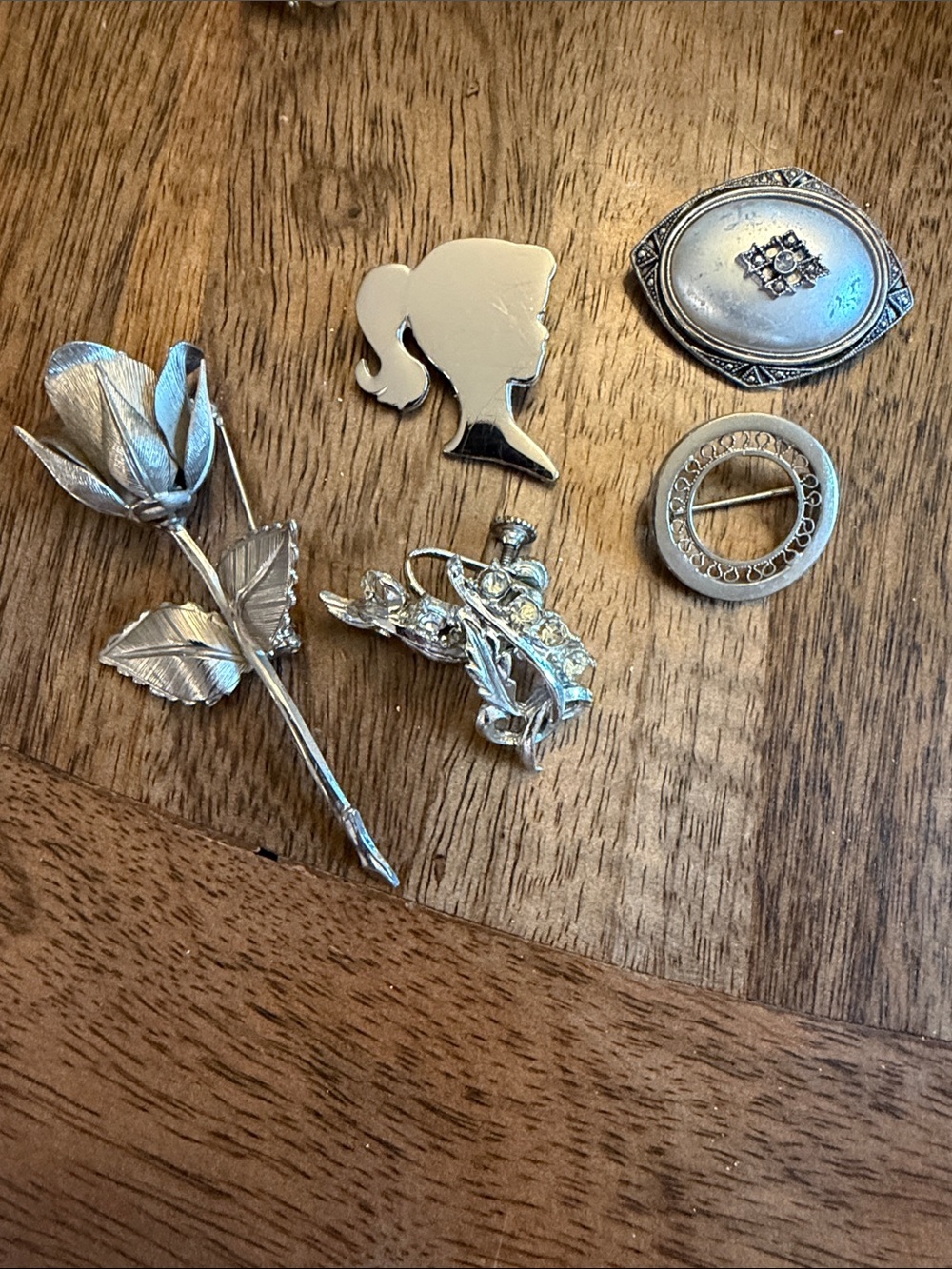 Silver-Tone Floral & Silhouette Brooch Set and Screw Back Rhinestone Accessories